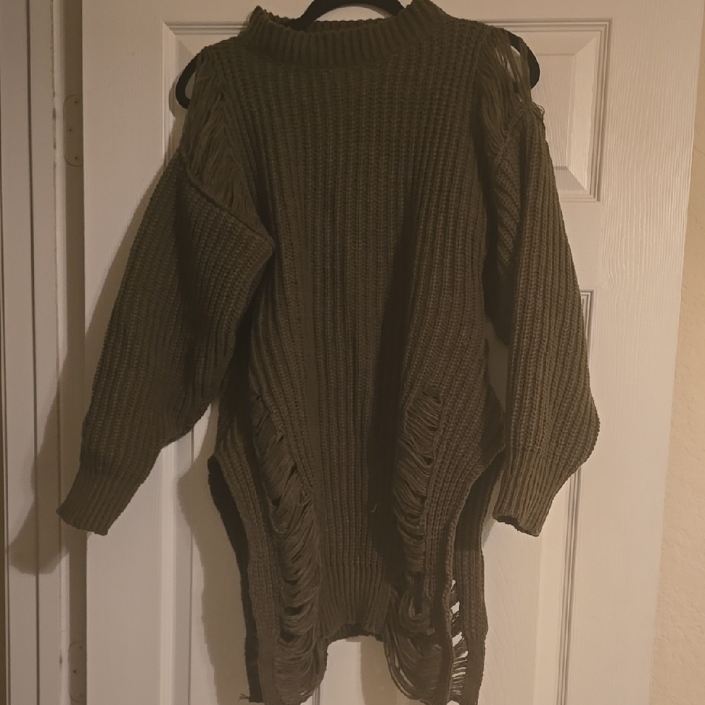 Off-the-Shoulder Distressed Knit Sweater - Olive